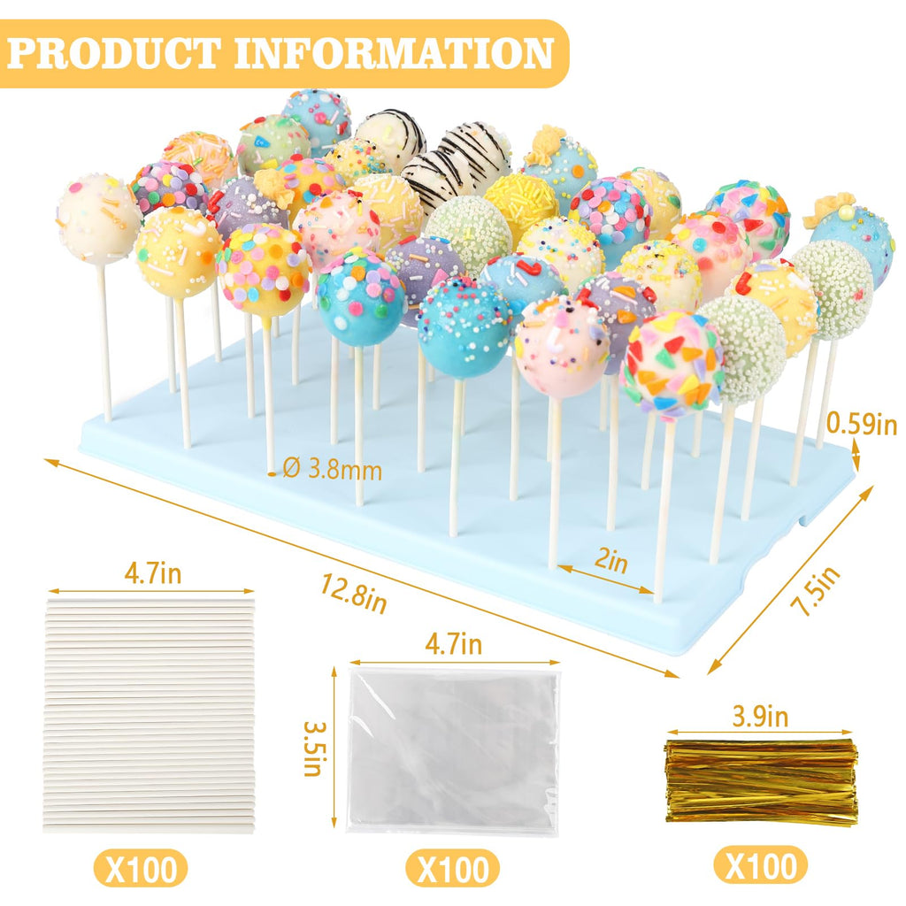 35-Hole Blue Cake Pop Stand with 100 Sticks, 100 Bags & 100 Gold Ties