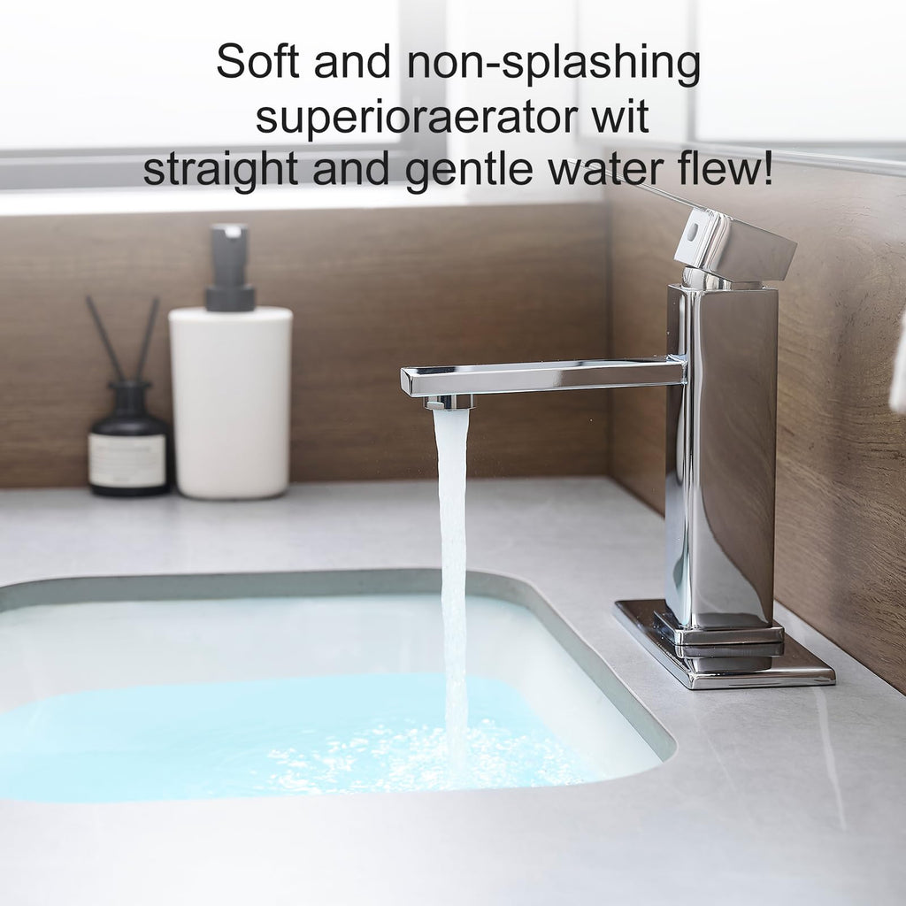 Chrome Bathroom Faucet YXOCVIR Single Hole with Pop-Up Bathroom Drain Single Handle Bathroom Faucet Suitable for Vanity Sinks, RV, Farmhouses, Suitable for 1 or 3-Hole Installation