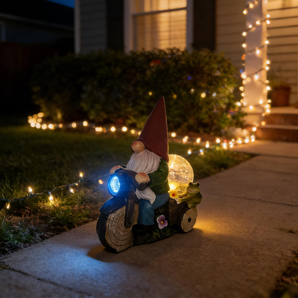 SAMPU CRAFT Garden Gnome on Motorcycle with Solar Powered Light,9.8IN