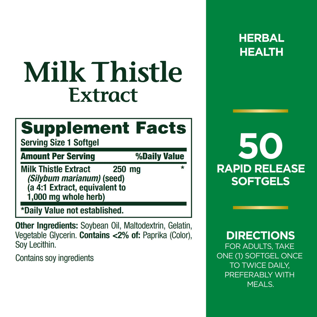 Nature's Bounty Milk Thistle, Herbal Health Supplement, Supports Liver Health, 1000 mg, Rapid Release Softgels, 50 Ct (Pack of 2)