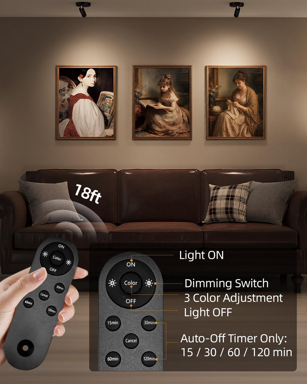 EZVALO Spotlights Indoor with Remote, 5500mAh Rechargeable Picture Lights, Wireless Uplights with Timer & Dimmable, 3-CCT, Accent Lighting for Plant, Art, Painting, Gallery, Wall Decor (2-Pack Black)