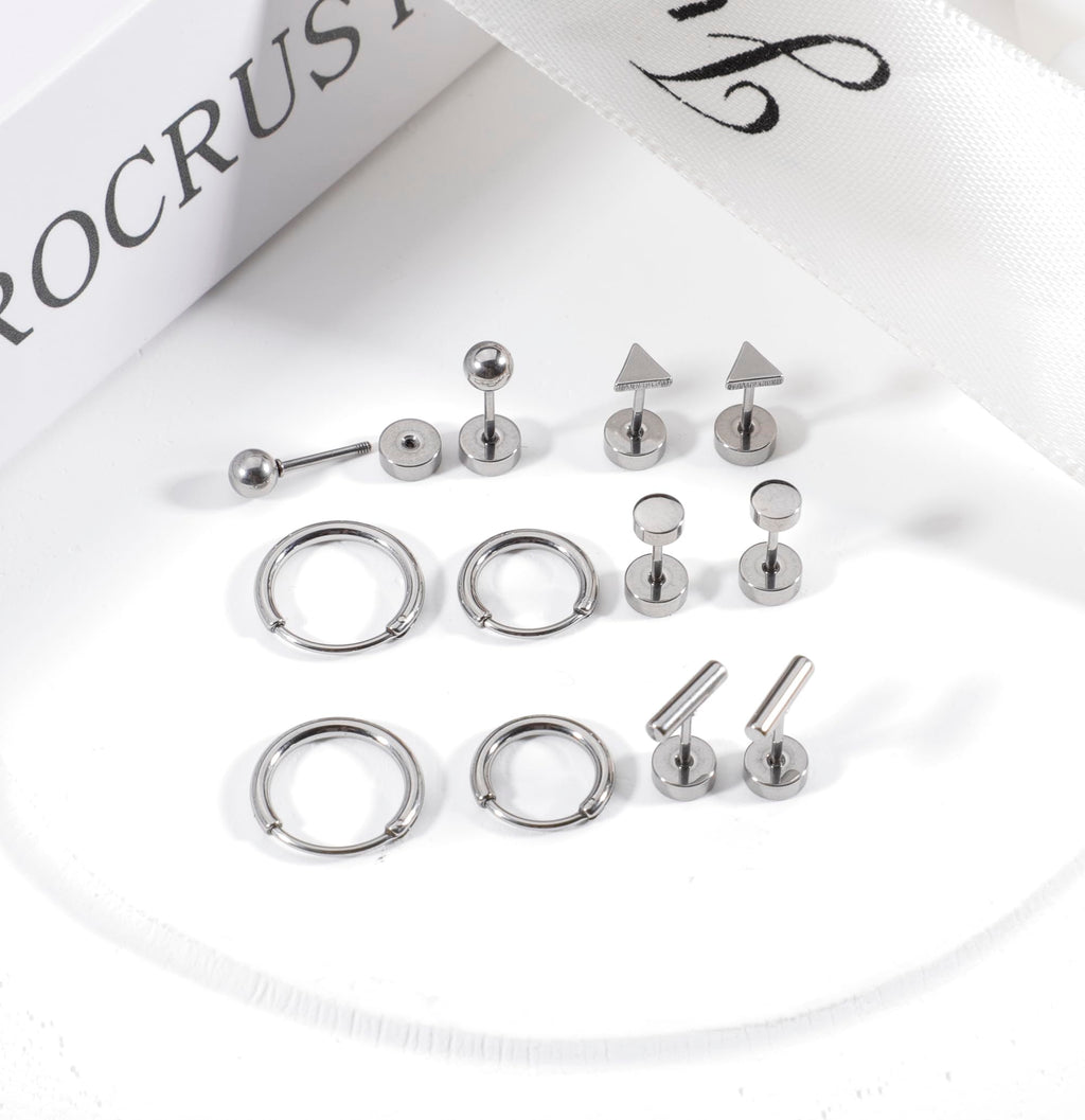 Staligue Titanium Earrings Set - 6 Pairs, Hypoallergenic, Silver