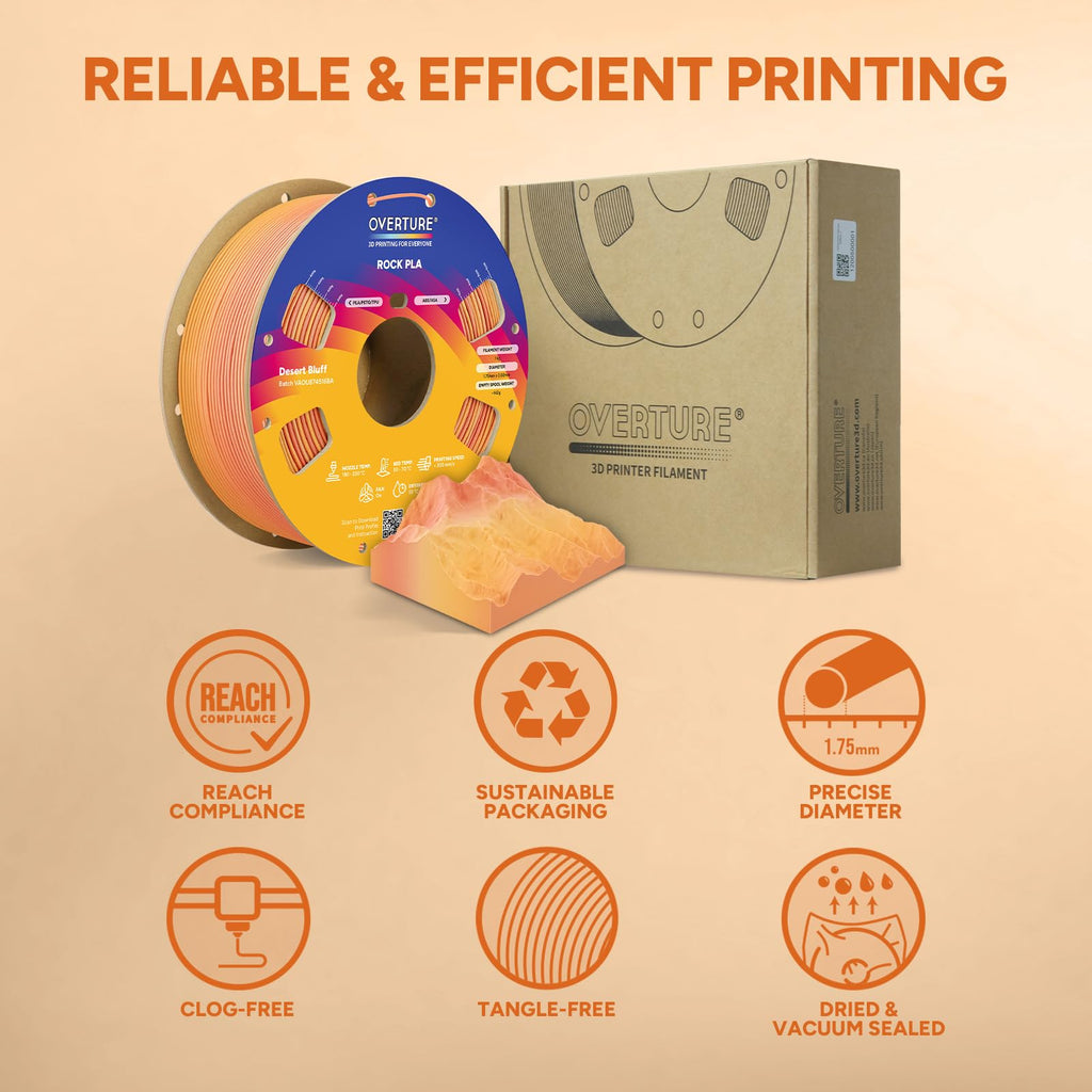 OVERTURE Rock PLA Filament 1.75mm, Marble PLA 3D Printer Filament 1kg Spool (2.2lbs), Dimensional Accuracy +/- 0.02 mm, Fit Most FDM Printer (Desert Bluff)
