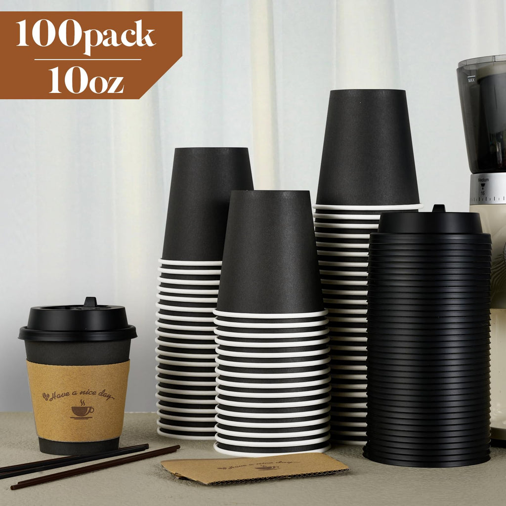 LITOPAK 100 Pack 10 oz Paper Coffee Cups for Hot Chocolate Drinks, Black Disposable Coffee Cups with Lids, Sleeves and Stirring Sticks for Parties, Picnic, Travel, and Events