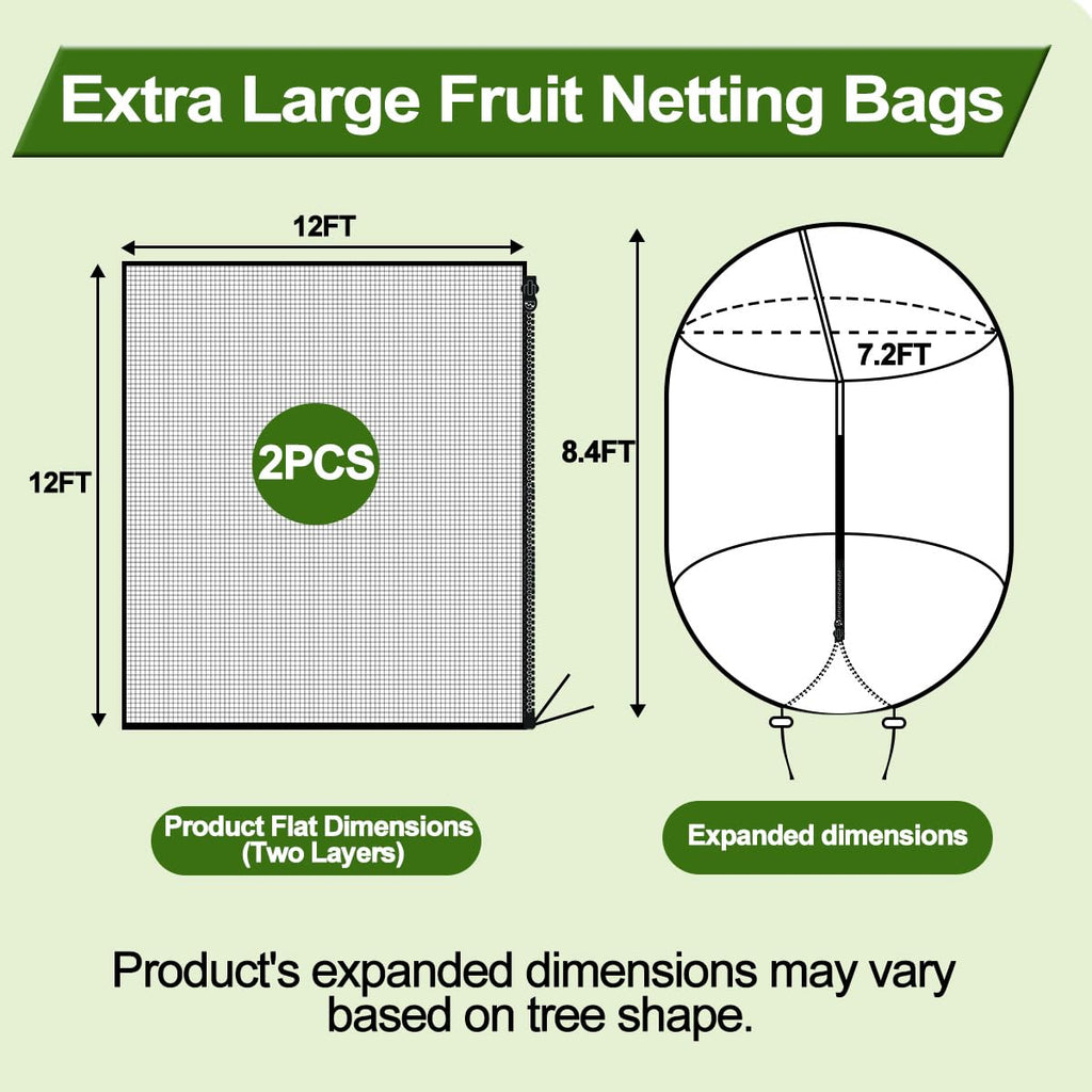 2 Pack 12x12FT Extra Large Fruit Tree Netting with Double Zipper & Double Drawstring, Heavy Duty Bird Netting for Fruit Trees, Reusable Tree Net to Protect Large Trees from Birds, Squirrels, Deer