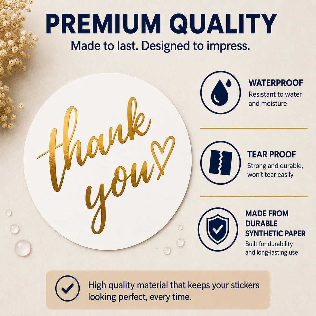 500 PCS Thank You Sticker Labels Roll, 1.5 Inch Round Gold Foil