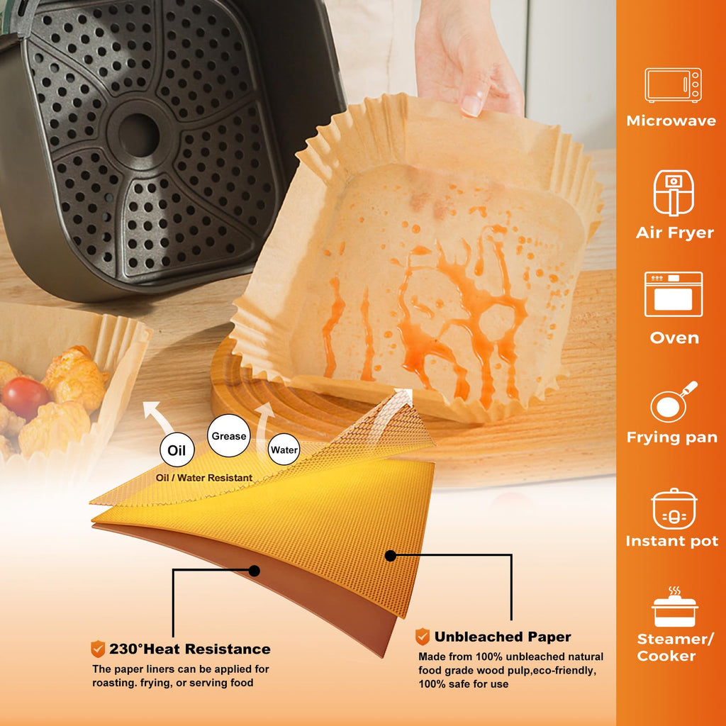 Air Fryer Paper Liners: 250Pcs Parchment Paper Sheets, Air Fryer Liner Disposable, Oilproof Waterproof Airfryer Basket Liner Square (6.5inch)