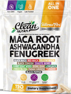 Clean Nutraceuticals Ashwagandha Maca Root Fenugreek Supplement with Tongkat Ali Ginseng - Assists with Stress, Mood & Thyroid - Ashwagandha Capsules Fenugreek Caps (120 Count (Pack of 1))