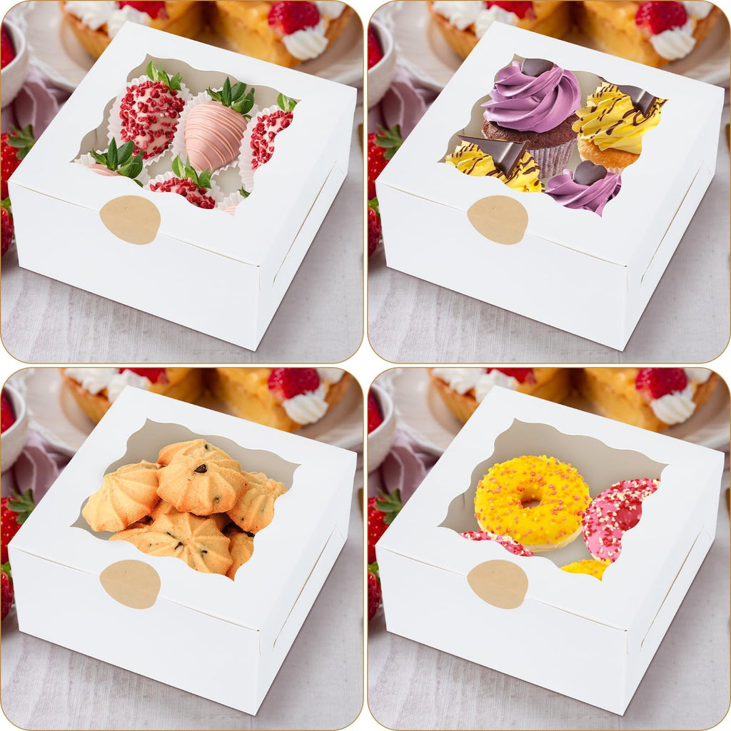 HawHawToys 60 Pcs Bakery Boxes with Window, 6 x 6 x 3 Inches, White Cookie & Pastry Boxes for Baked Goods