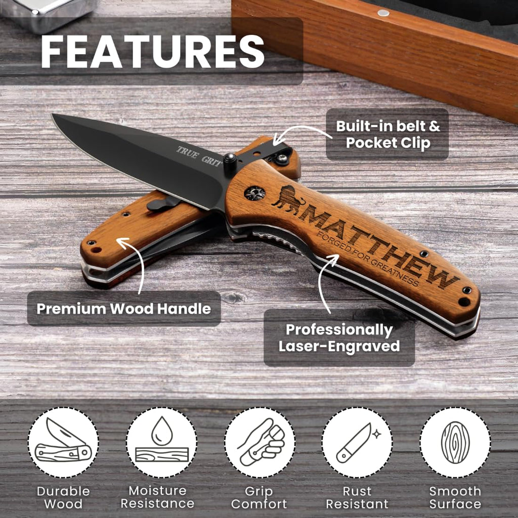 GIFTS TO ENGRAVE Custom Pocket Knife for Men, Personalized Fathers Day Gift, Engraved Hunting Knife, Wood Handle, Groomsmen & Best Man Gift