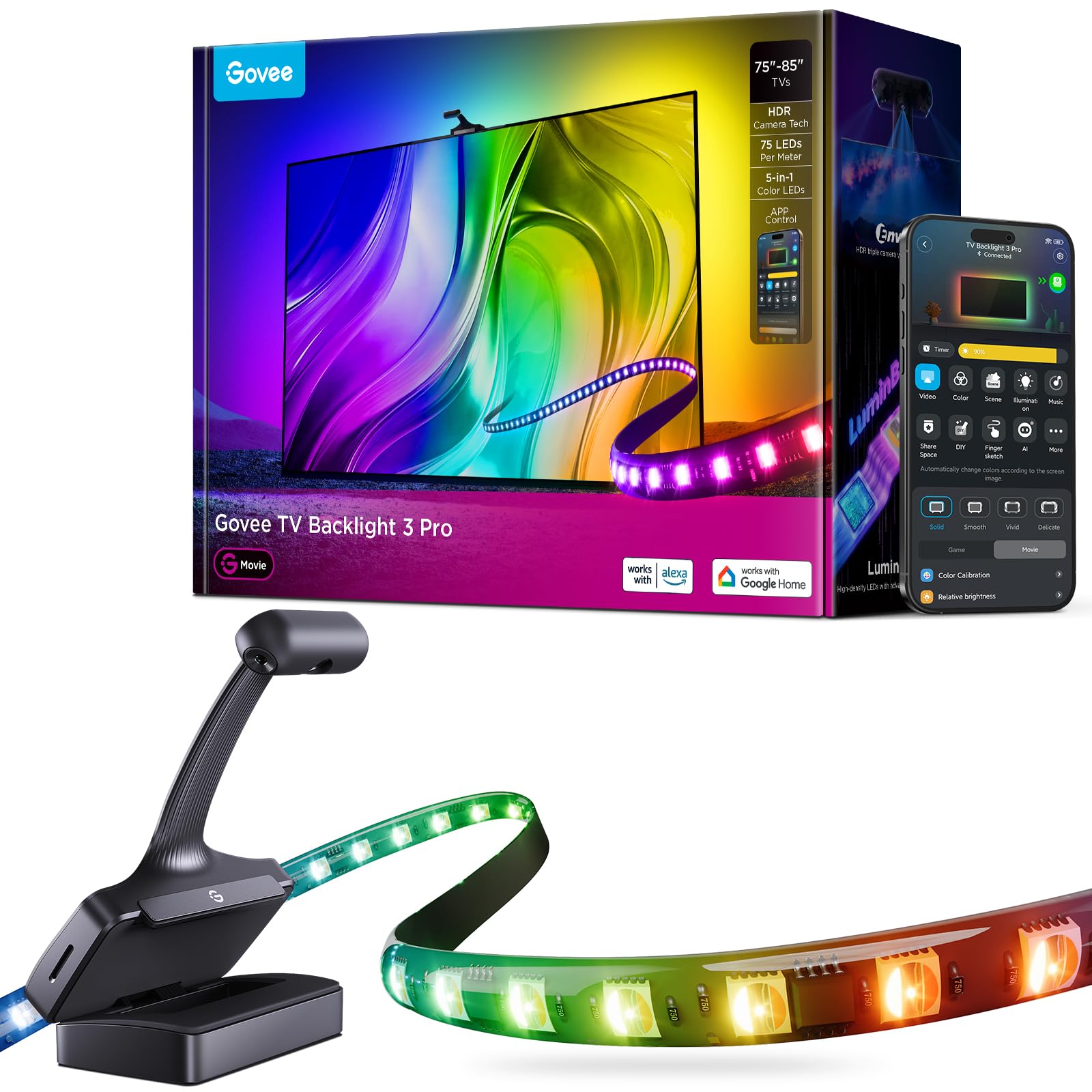 Govee TV Backlight 3 Pro with HDR Triple Camera, 16.4ft 5-in-1 RGBWWIC LED Strip Lights That Change with 75-85 Inch TVs, 75LEDs/m, Supports AI Filter, Smart App and Voice Control, DreamView Sync