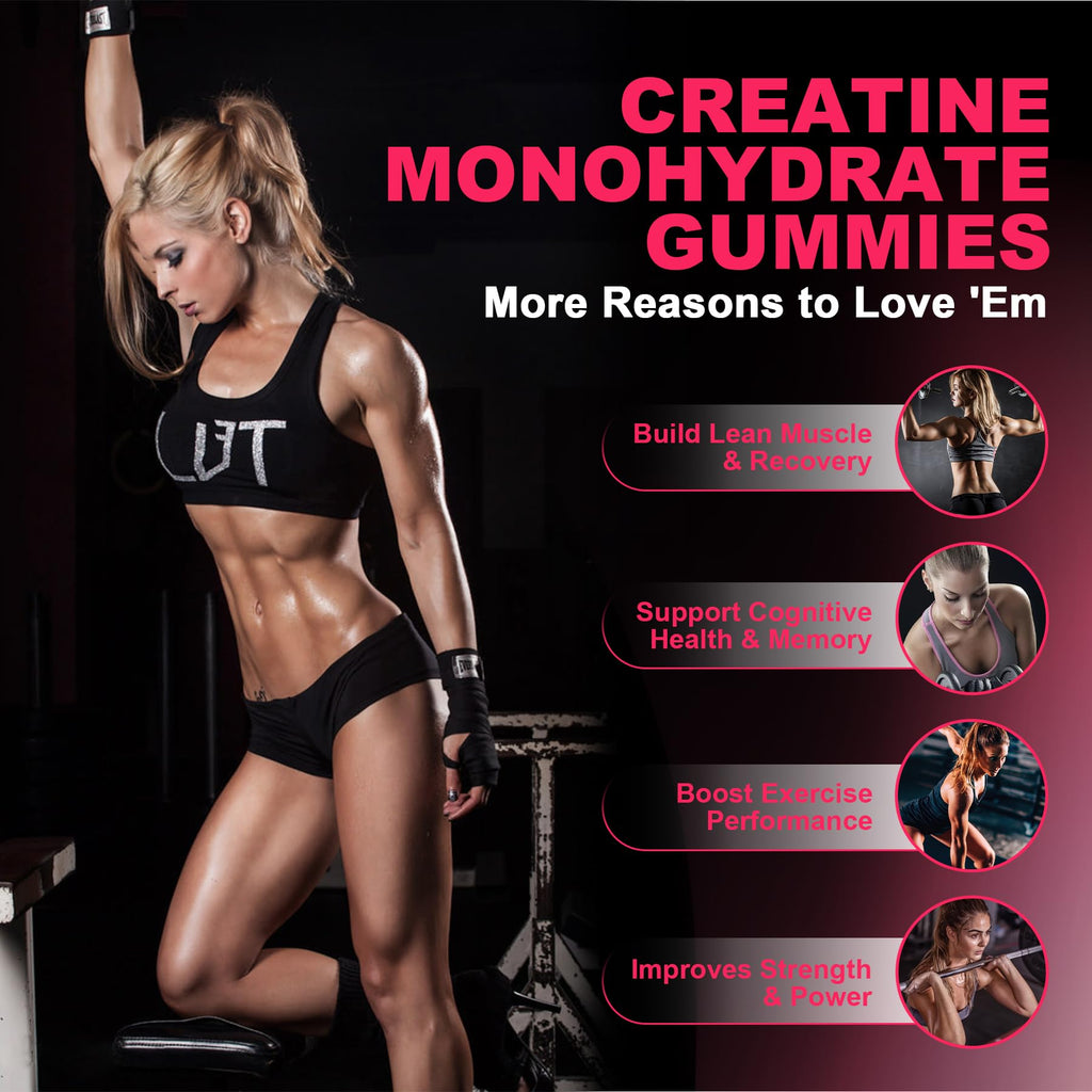 Creatine for Women, Creatine Monohydrate Gummies with Collagen, BCAA, L-Carnitine & Taurine, Strawberry Flavor, Energy Creatine Supplement for Muscle Strength, Energy Boost, Sugar Free, 120 Count