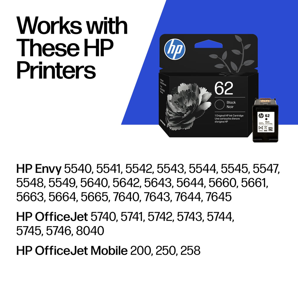 HP 62 Black Ink Cartridge | Works with Envy 5540, 5640, 5660, 7640, OfficeJet 5740, 8040, Mobile 200, 250 | C2P04AN | Packaging May Vary