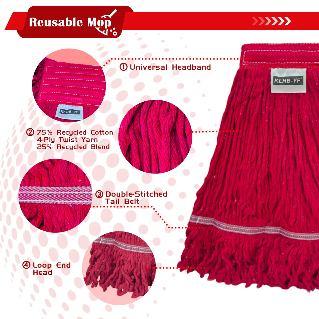KLHB-YF Heavy Duty Commercial String Mop Heads, 3 Pack Cotton Red Mop Head Replacement, Machine Washable Industrial Mop Head Refills for Janitorial, Restaurant, Warehouse & Office Floor Cleaning