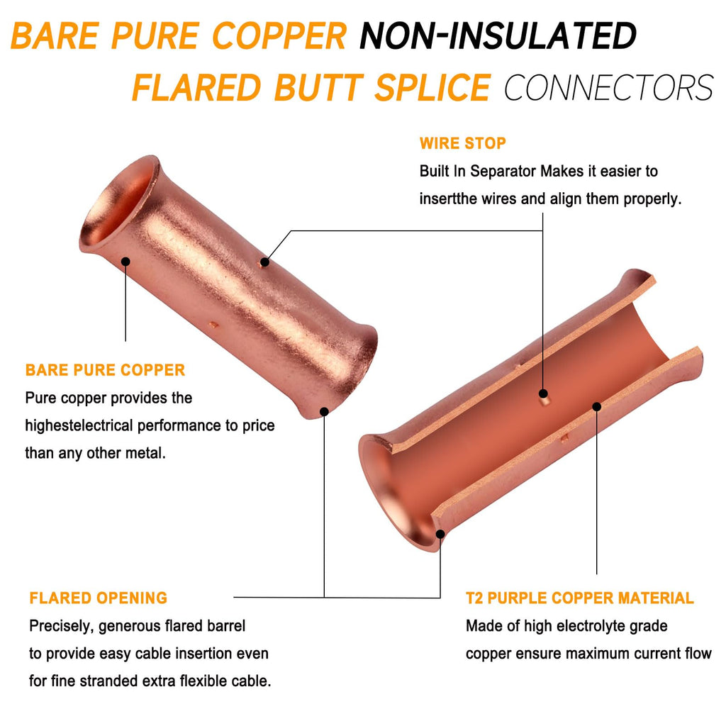 SVAAR 100PCS Flared Open Butt Connectors Kit 4/6/8/12-10 Gauge Butt Splice Connector Non-Insulated Butt Connectors Crimp Pure Copper 50PCS Seamless Barrel Wire Splice Terminals +50PCS 3:1 Heat Shrinks