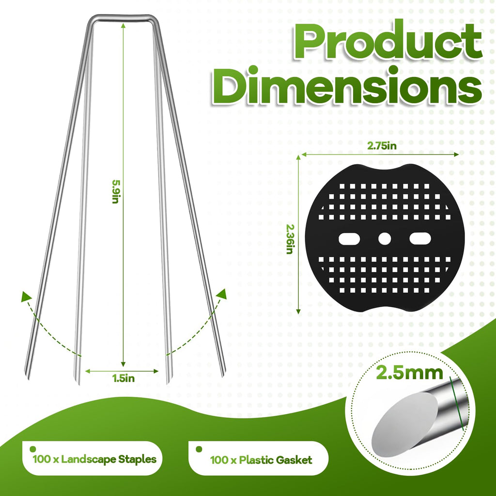 200PCS Garden Stakes Landscape Staples Set with Gasket, 11 Gauge