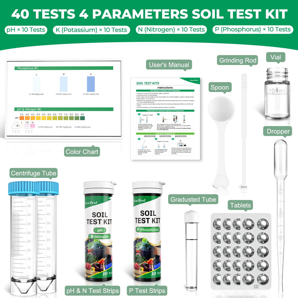 NewTest Soil Test Kit 4 Parameters: 40 Tests Professional Soil Testing Kits
