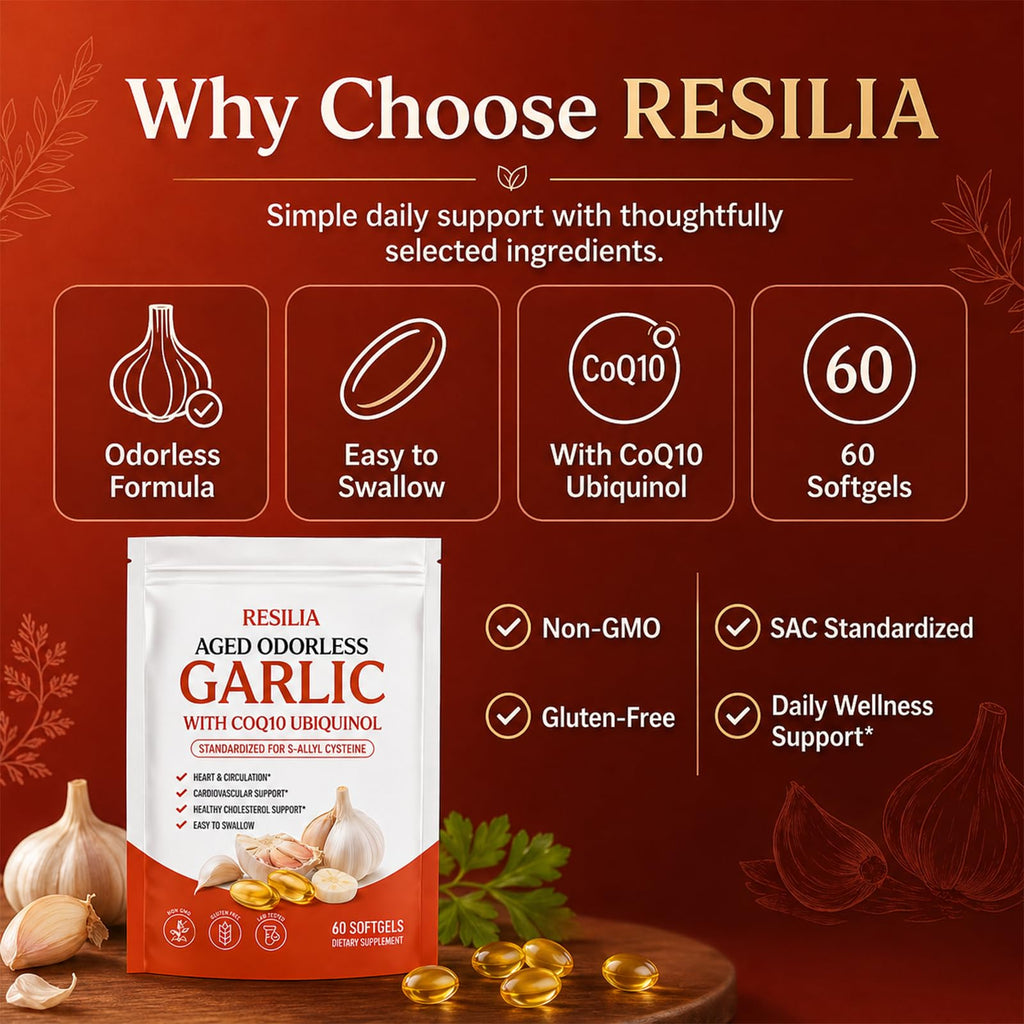 MiloLabCo Resilia Aged Garlic Extract Softgels with CoQ10 Ubiquinol, Odorless 2-Year Matured Garlic Supplement, Non-GMO, 60 Softgels