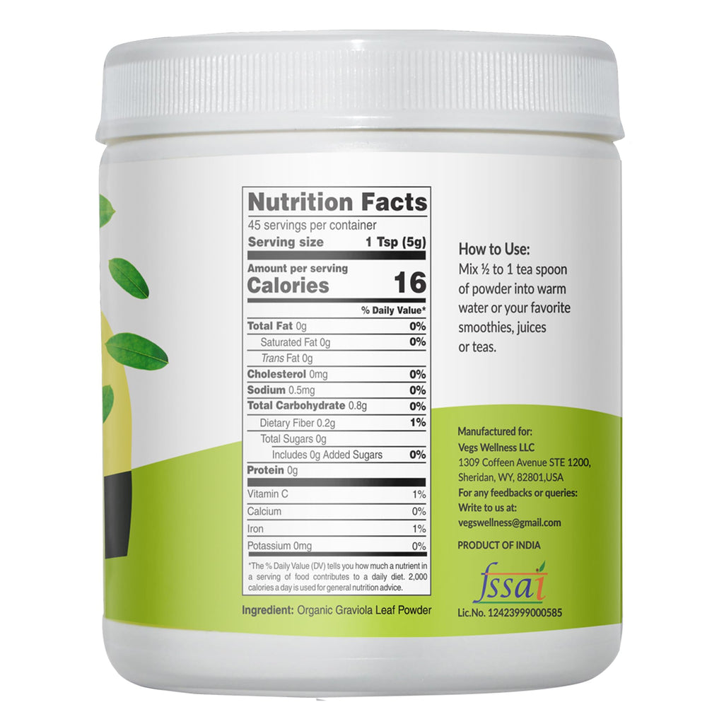 Vegs Graviola Soursop Leaf Powder - The Single Origin, True Green, Organic Graviola Leaves Powder - Gentle Dried & High Potency Soursop with Powerful Antioxidants, Vitamins – No Sugar, Non-GMO, 8 oz