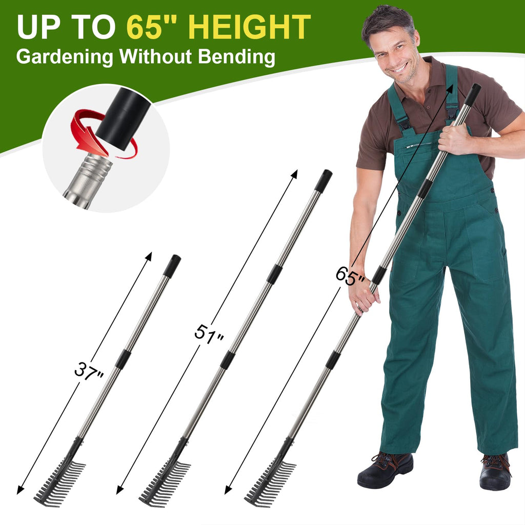 65" Heavy Duty Garden Rake Bow Rake with 17 Tines & Stainless Handle