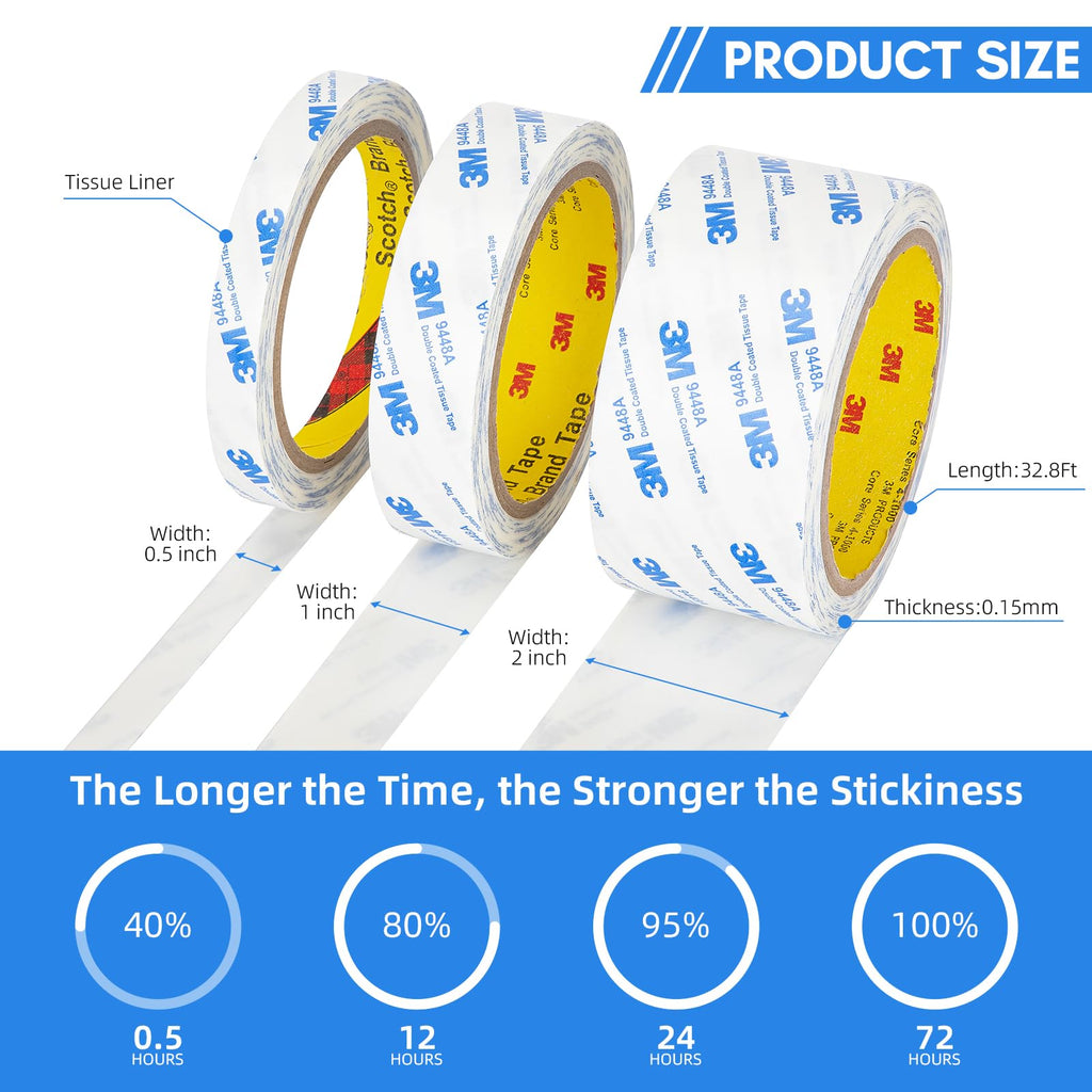 3M Double Sided Tape 1"×32.8Ft 2 Pack 9448A Double Coated Tissue Tape Adhesive Sticky Tape Translucent Removable for Foam Art Craft Nameplate Bonding
