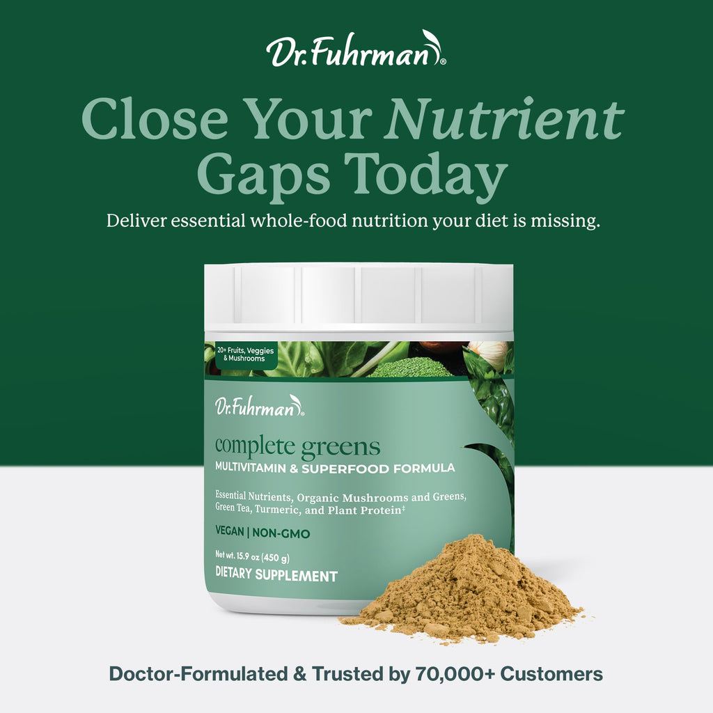 Dr. Fuhrman Whole Food Greens Powder | Premium Greens Superfood Powder Multivitamin | Plant Based Protein for Immune Support & Gut Health | Organic Mushrooms, Greens, & Turmeric | Vitamin B12, D3, K2