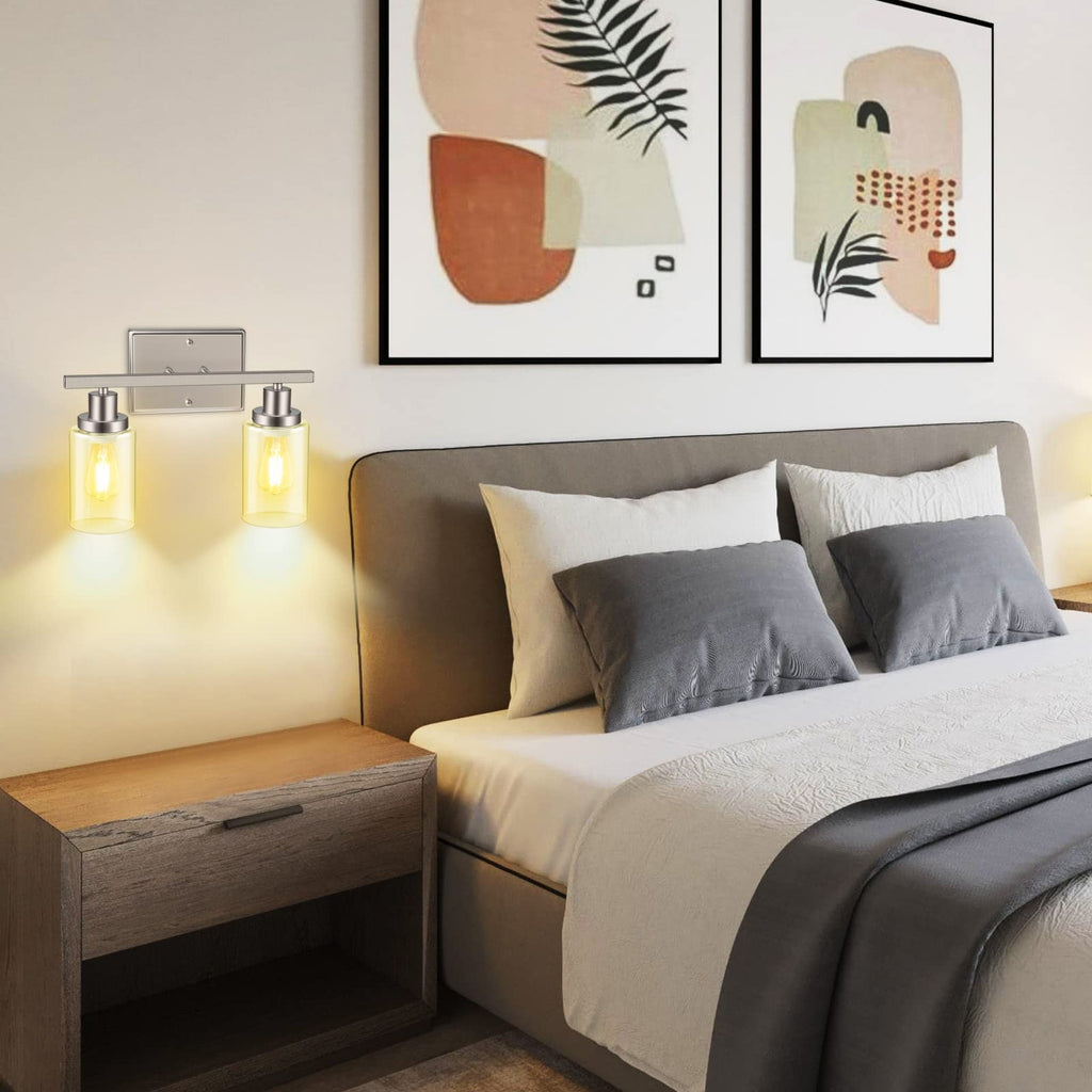 Ascher 2-Light Wall Sconces, Modern Vanity Light Fixture with Clear Glass Shade, Brushed Nickel Wall Light for Mirror Bedroom Hallway, E26 Base (Bulbs Not Included)