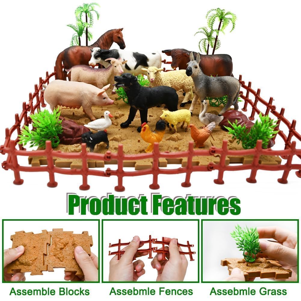 53-Piece Farm Animal Figures Toy with Fence & Building Blocks for Toddlers