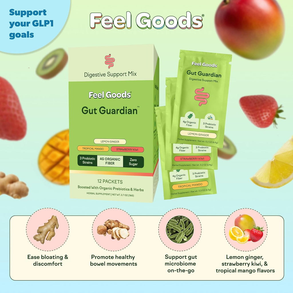 Feel Goods Gut Guardian, Digestive Health Powder Packets - Probiotic Fiber Powder with Prebiotics & L Glutamine for Gut Health, Bloating Relief & Digestion Support - Zero Sugar & Organic Flavor