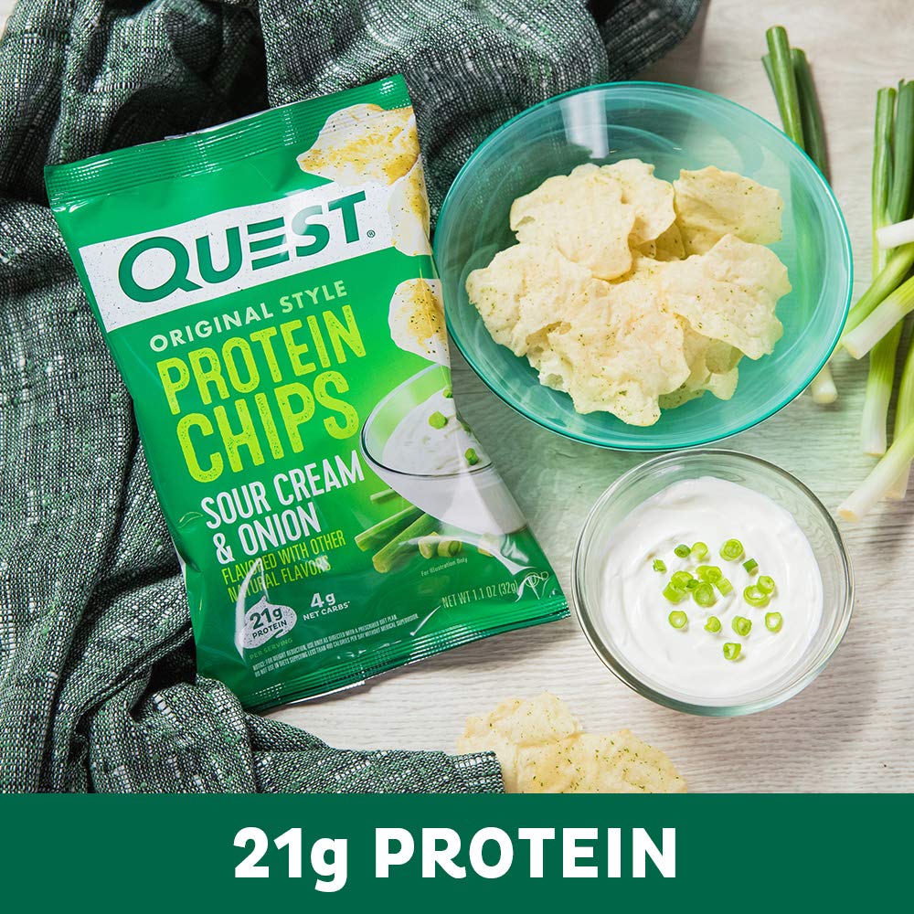 Quest Nutrition Protein Chips, Sour Cream & Onion, 21g Protein, 3g Net Carbs, 130 Cals, 1.1 oz Bag, 1 Count, High Protein, Low Carb, Gluten Free, Soy Free, Potato Free (Pack of 2)