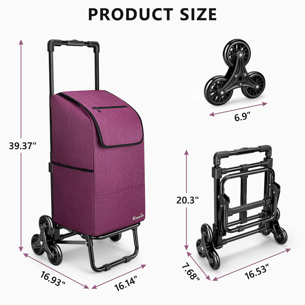 KEDSUM 2 in 1 Stair Climbing Cart, 60L/300LBS Grocery Cart on Wheels for Stairs, Shopping Carts for Groceries with Removable Waterproof Bag, Folding Shopping Carts for Stairs, Purple