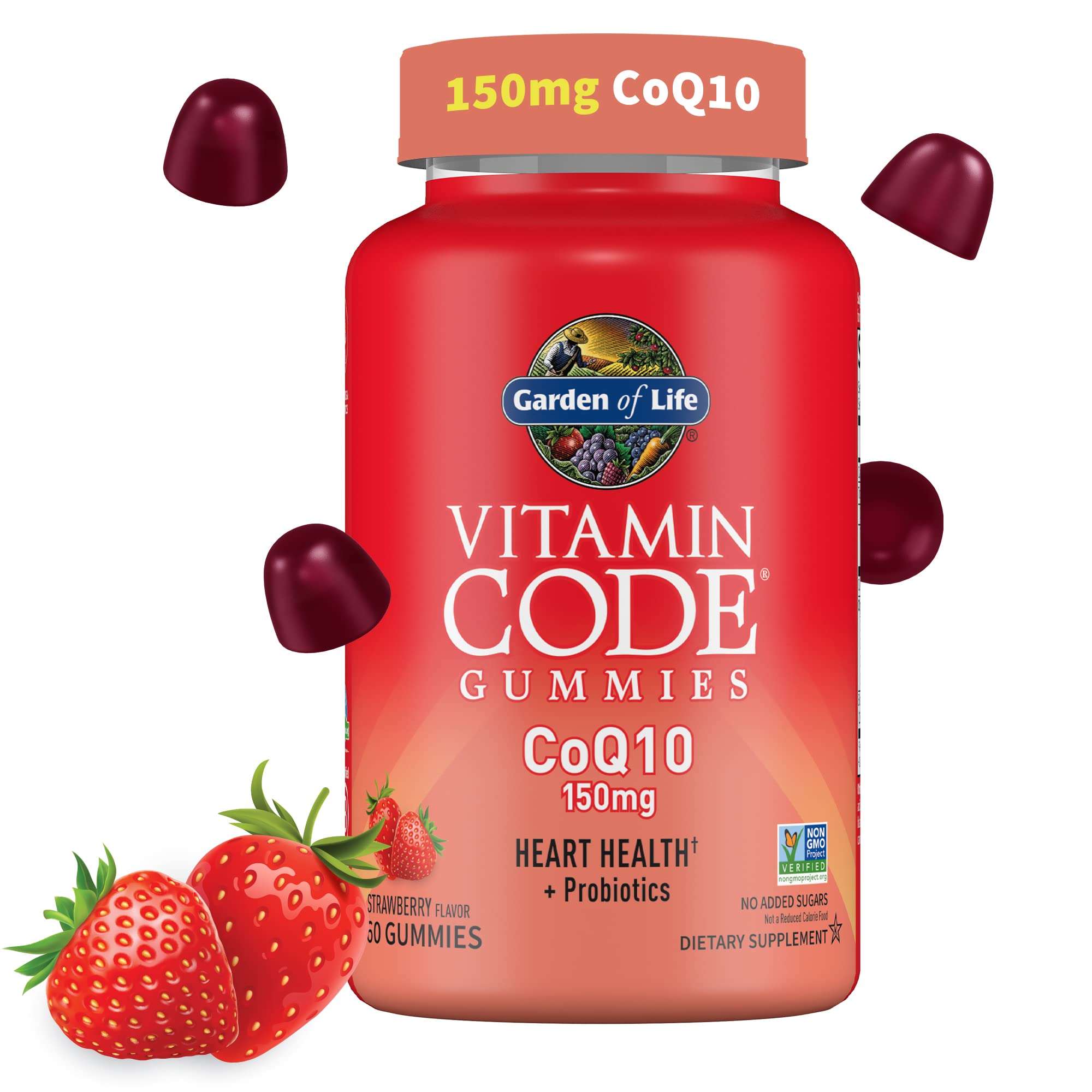 Garden of Life Vitamin Code CoQ10 Gummies 150 mg, Coenzyme Q10 for Heart Health, Energy Production & Healthy Aging + Prebiotics & Probiotics for Digestion, Non-GMO, Gluten-Free, 60 Strawberry Gummies