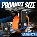Caster Wheels, 4 Inch Caster Set of 4, Dual Locking PU Casters 2400LB, Swivel Casters for Furniture, Workbench & Tool Cart – Quiet, Floor Safe, Smooth Rolling