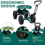 VINGLI Garden Cart with Rolling Seat, Wheels, Adjustable Steering Handle & Utility Tool Tray, Planting Wagon Scooter, Gardening Tool for Senior, for Patio, Backyard, Lawn & Outdoor (Green)