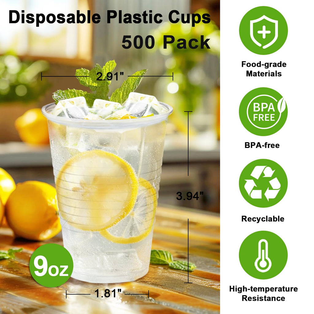 Lamosi 500 Count 9 oz Clear Plastic Cups, 9 Ounce Disposable Cold Drinking Cups for Party, Wedding, Travel, Christmas, Events