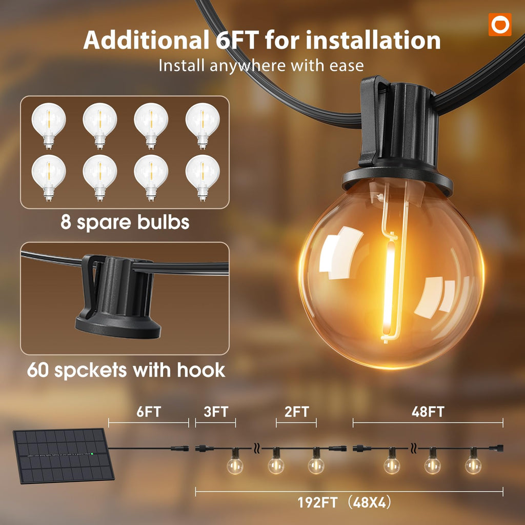 addlon 198FT(192+6) Solar String Lights Outdoor Waterproof, 96+8 LED Shatterproof Bulbs with Remote, Dimmable Brightness & 3 Modes, Solar Powered Patio Lights for Garden,Deck,Backyard,Wedding,Camping