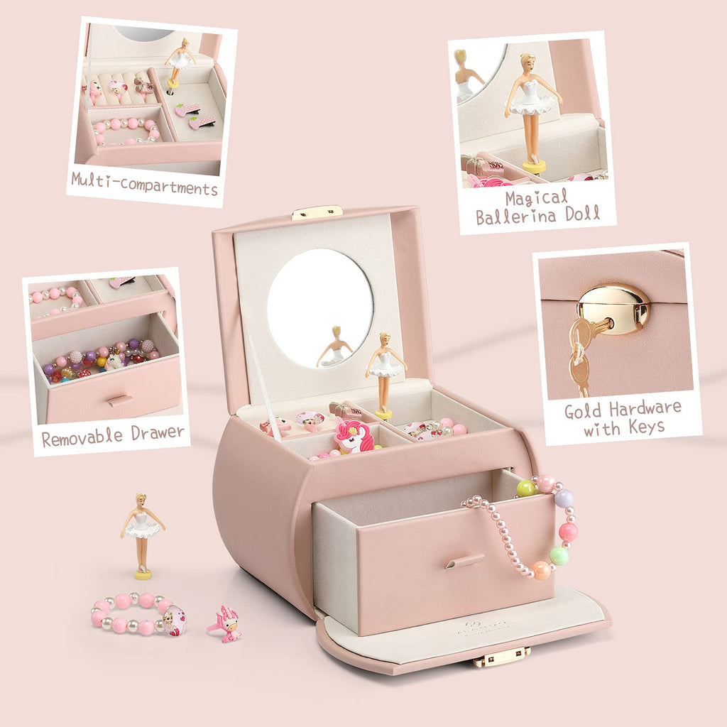 VLANDO 2 Layer Girls Musical Jewelry Box with Ballerina and Large Drawers
