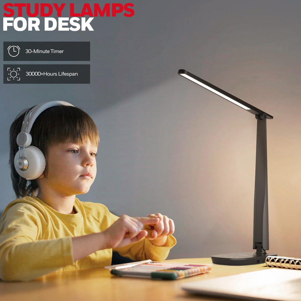 Honeywell LED Desk Lamp for Home Office, Eye-Caring Dimmable Reading Light with 4 Color Modes, Touch Control, USB-A & USB-C Charging Ports, Adjustable Head, Timer for Bedroom & Small Desks