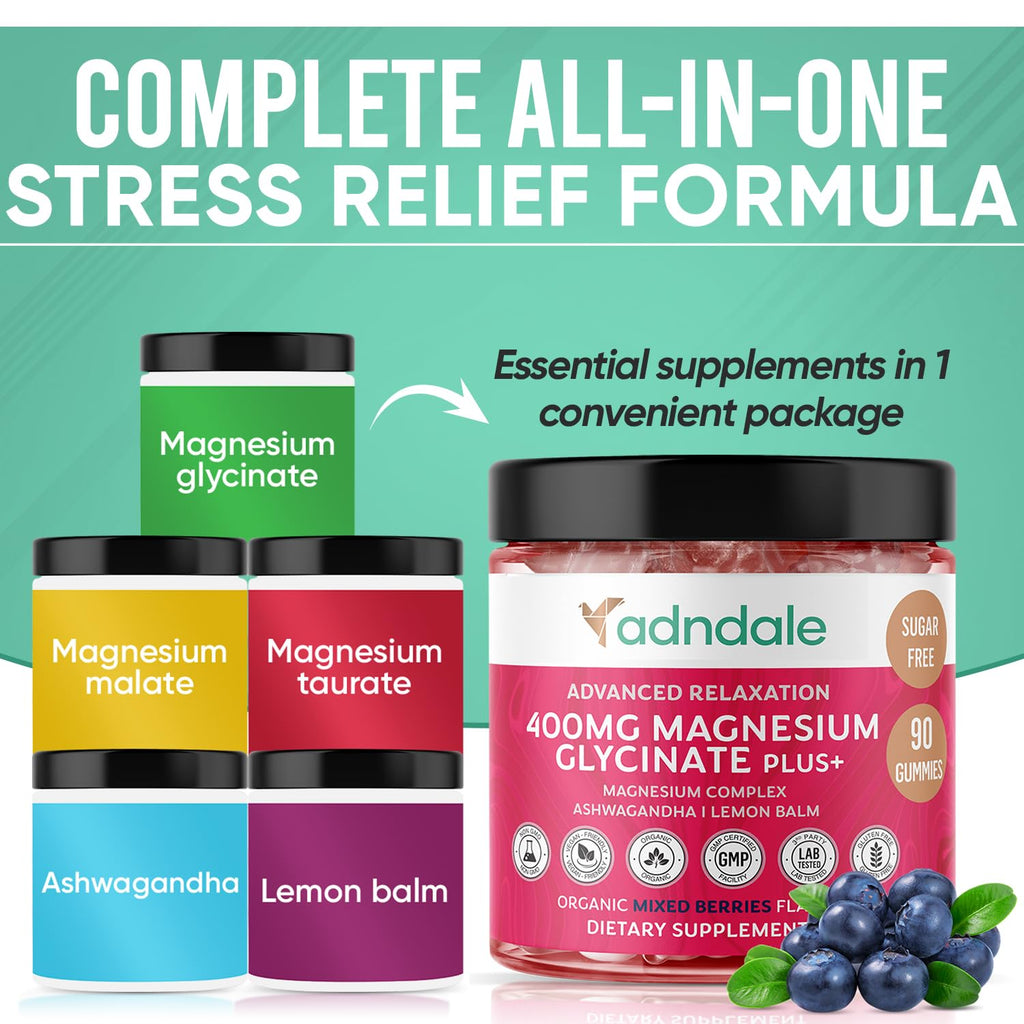 Adndale 180 CT Magnesium Glycinate Gummies 400 mg/Serv with Ashwagandha, Magnesium Malate & Taurate, Sugar Free Chews for Adults & Kids