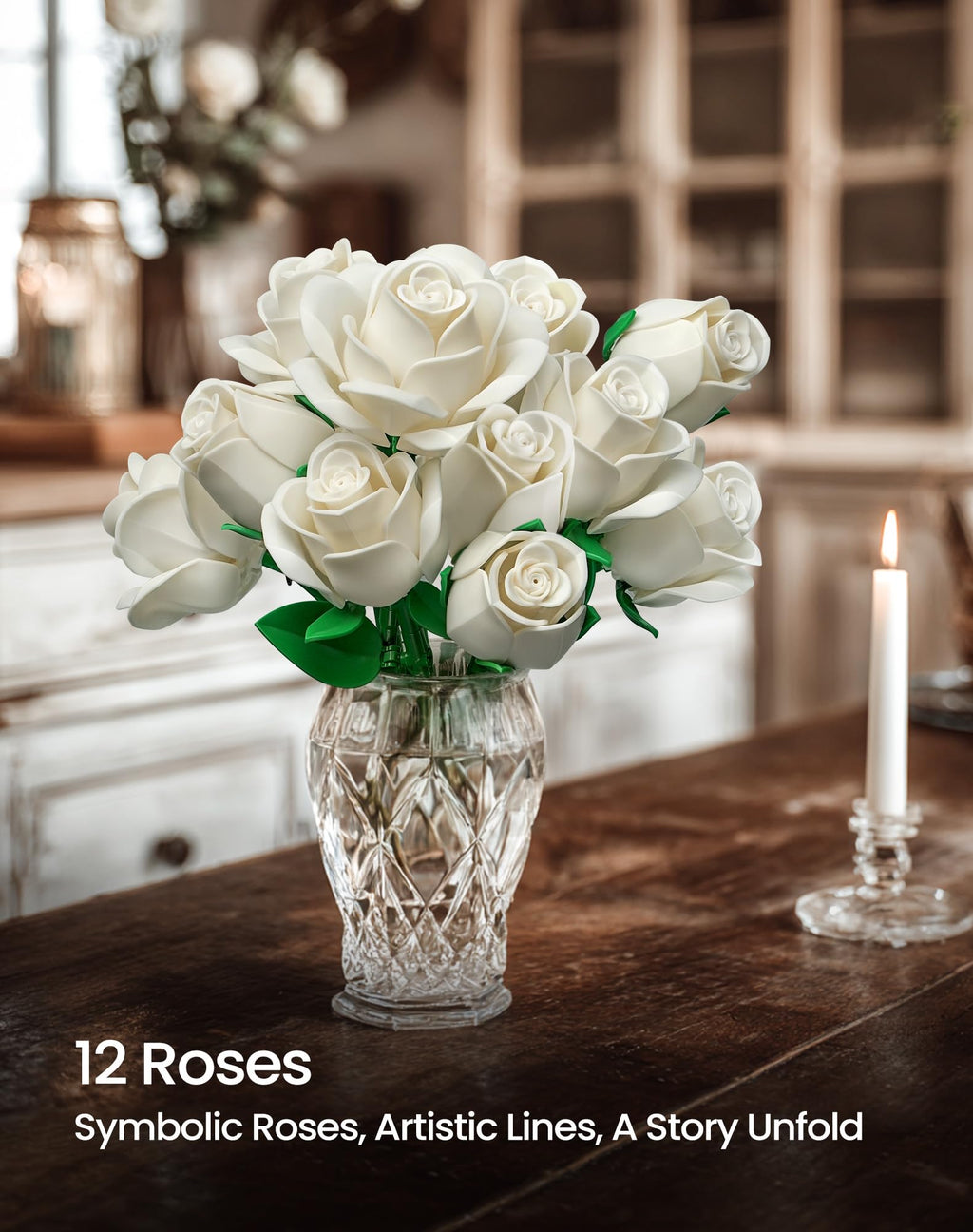 White Rose Bouquet Building Set, Compatible with Lego Flowers for Adults Women, Botanical Collection Gift for Valentines & Mother's Day - Artificial Plant Home Decor - IA11013