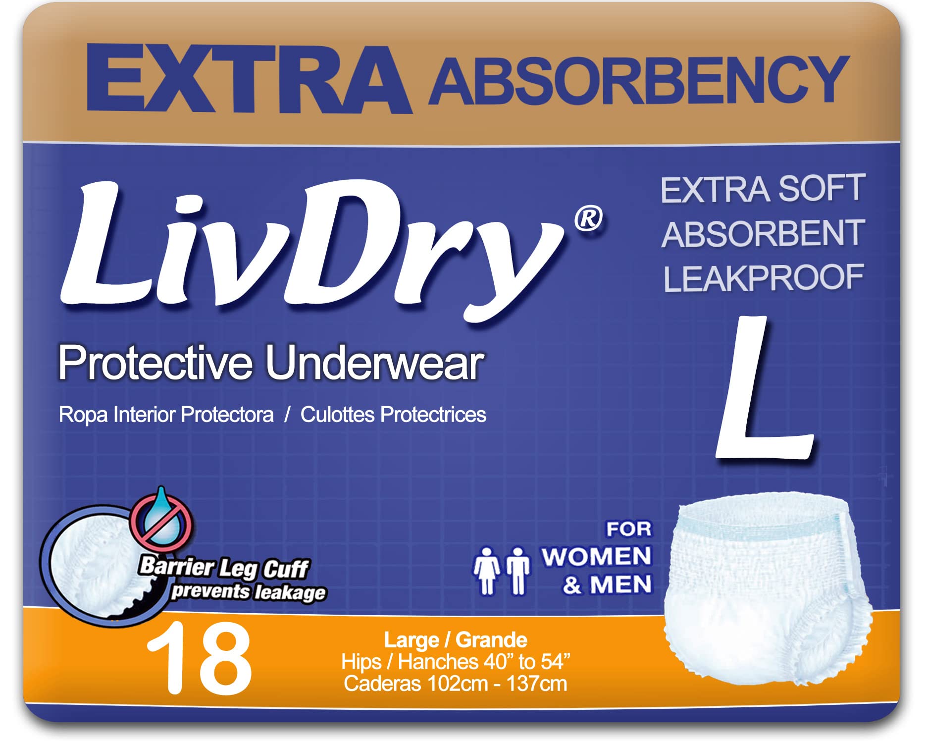 LivDry Adult Incontinence Underwear, Extra Absorbency Adult Diapers, Leak Protection, Large, 18-Pack
