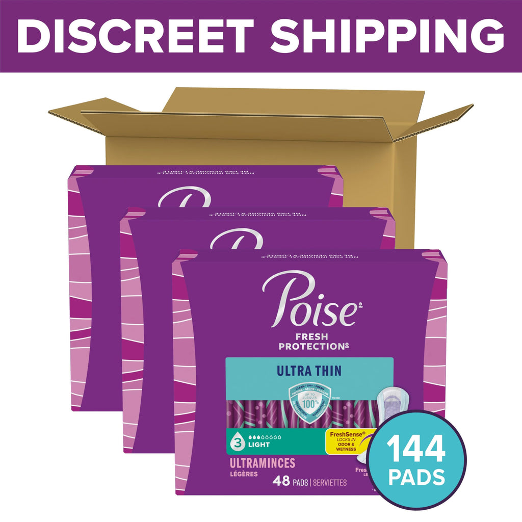 Poise Ultra Thin Incontinence Pads & Postpartum Pads for Bladder Leaks, 3 Drop Light Absorbency, Regular Length, Packaging May Vary,144 Count (Pack of 2)