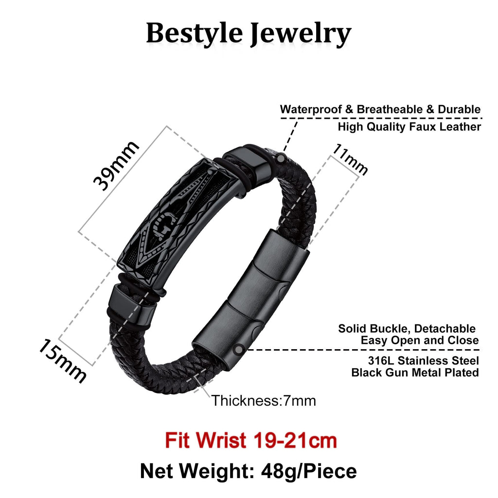 Bestyle Solid Black Freemason Symbol Masonic Leather Braided Bracelets for Men Vintage Cuff Bangle Bracelets Wrist Leather Band With Study Clasp