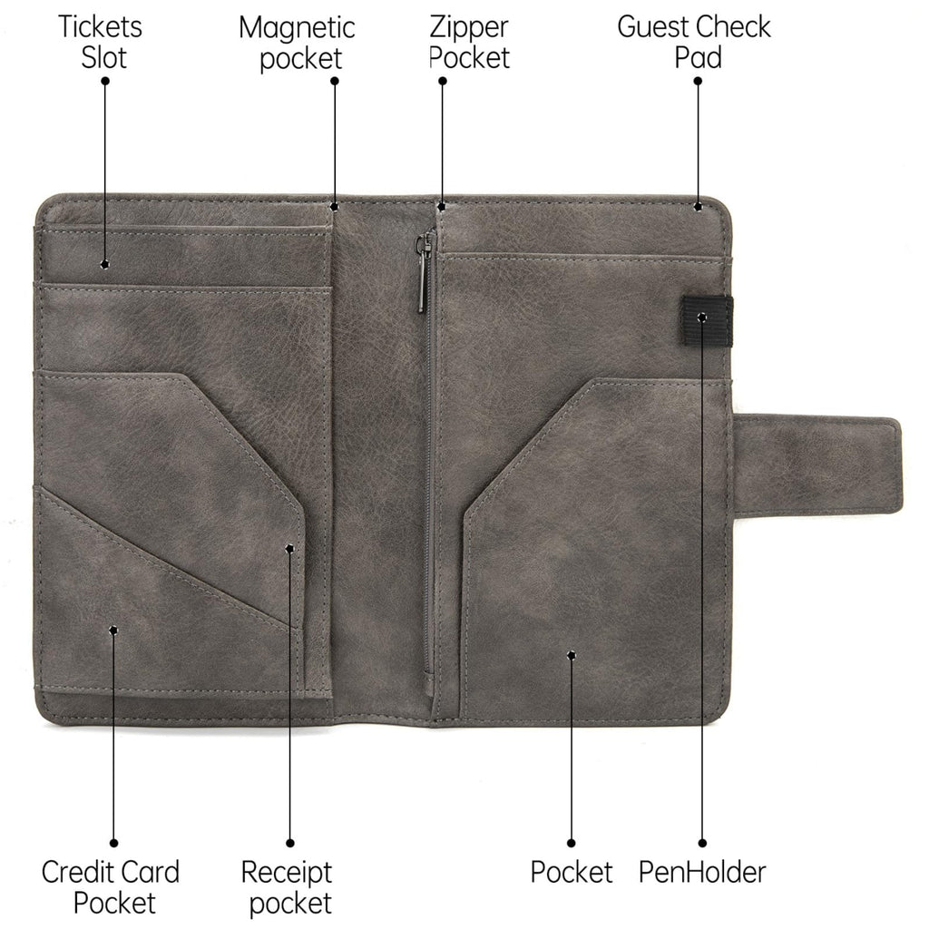 Server Book with Zipper Pocket and Magnetic Closure, Server Books for Waitress, Leather Waitstaff Organizer with High Volume Money Pocket, Fit Server Apron (Grey)