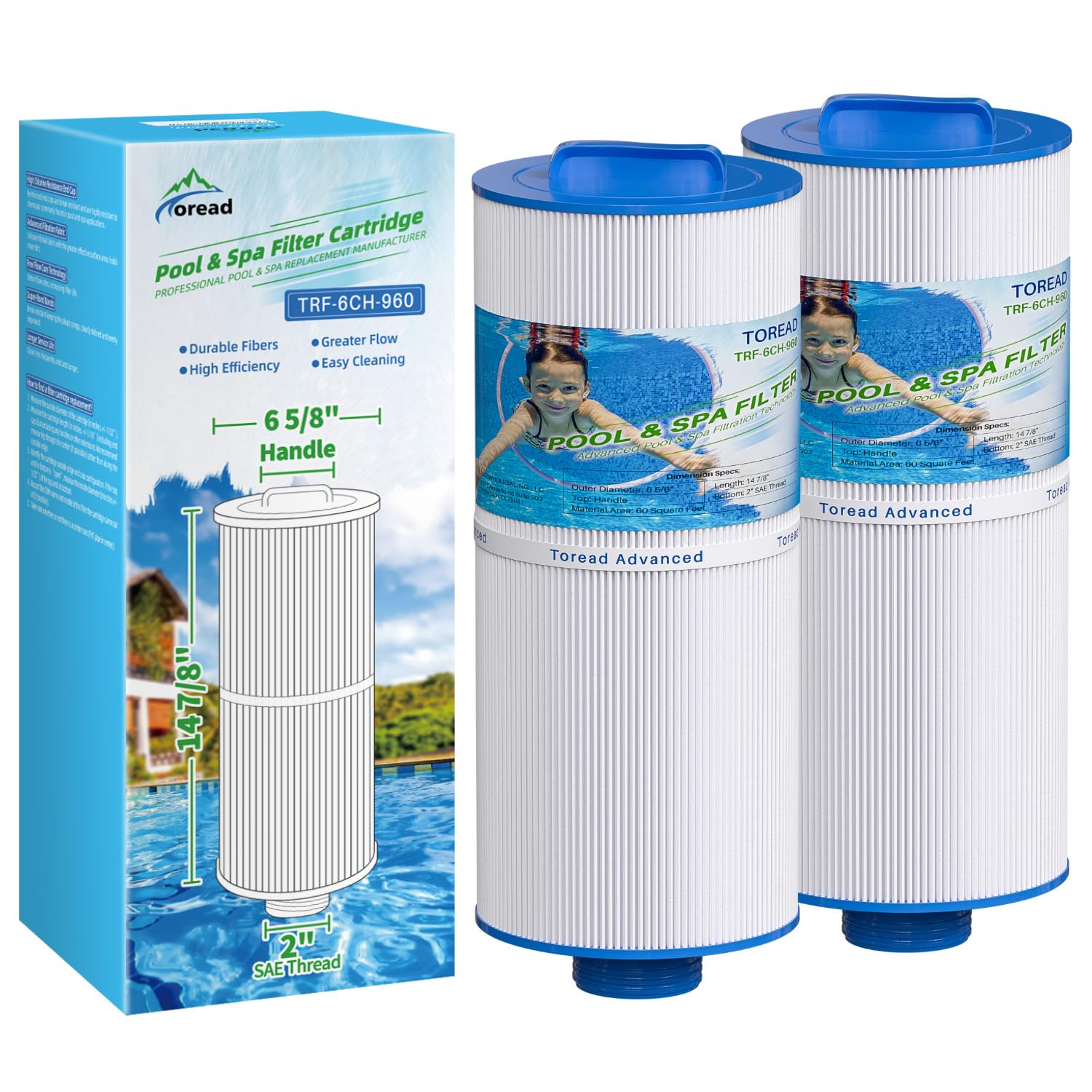 TOREAD 6CH-960 Spa Filter Replaces Jacuzzi Filters J-300, J400, PJW60TL-F2S, 14081, 6000-383A, Unicel 6CH-960, Filbur FC-2800, 6540-383, Hot Tub Filter with Closed Handle 2 Pack (Not be Removed)