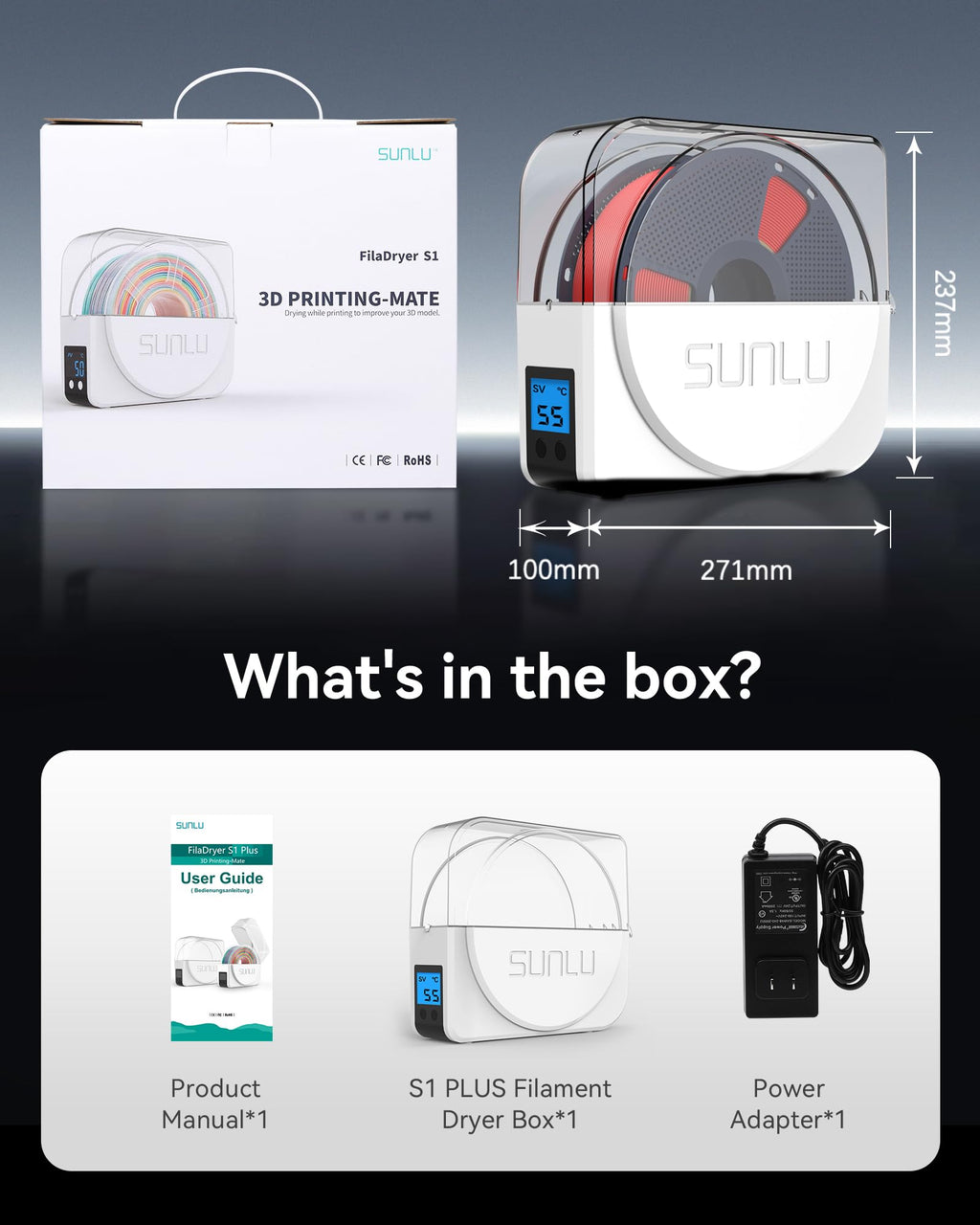 SUNLU Official Filament Dryer S1 Plus, Built-in Circulation Fan, Filament Dryer Box Storage Box for 3D Printer Filament 1.75 2.85 3.00, S1 Plus White