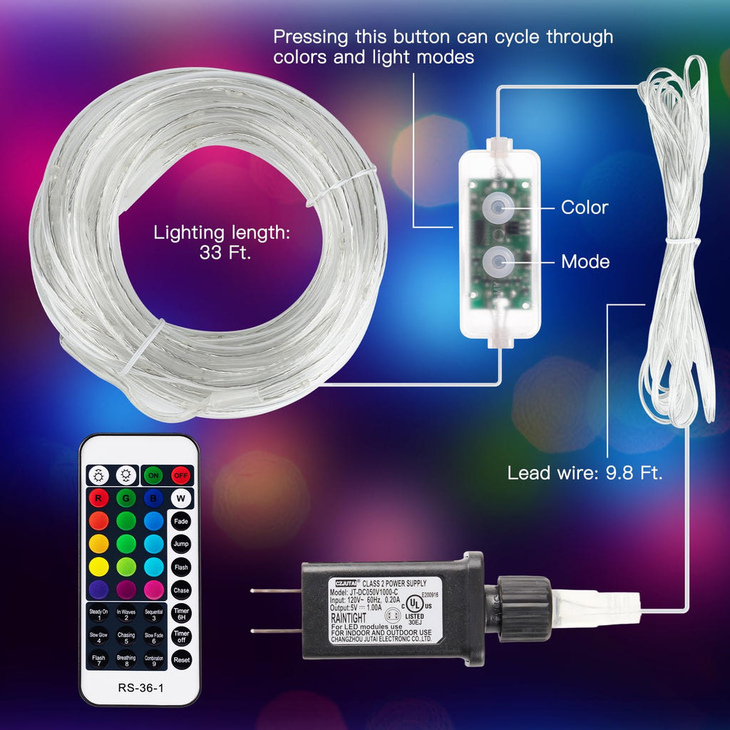 Minetom Color Changing Rope Lights Outdoor, 33FT 100 LED Rope Light