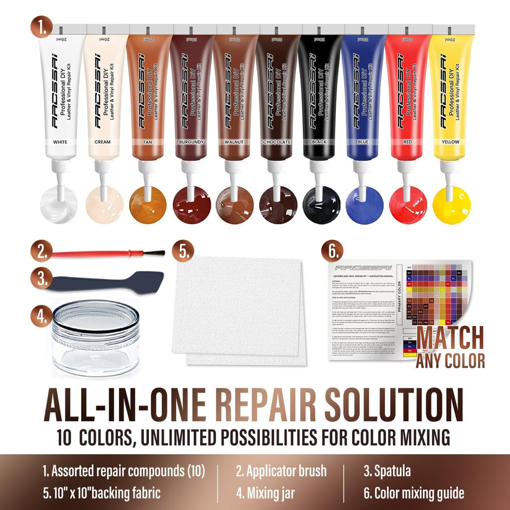 Leather & Vinyl Repair Kit for Furniture, Car Seats & Couches, 10 Colors
