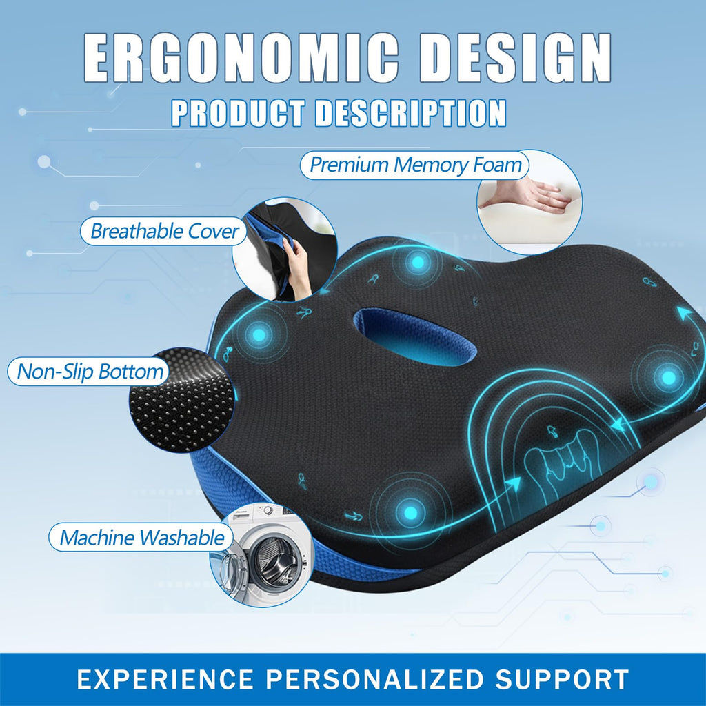 SereneSitz Orthopedic Seat Cushion, Ergonomic Memory Foam Seat Chair Cushion for Office Chair Cushion, Car Seat, Airplane, Sciatica & Back Pain Relief for Long Sitting