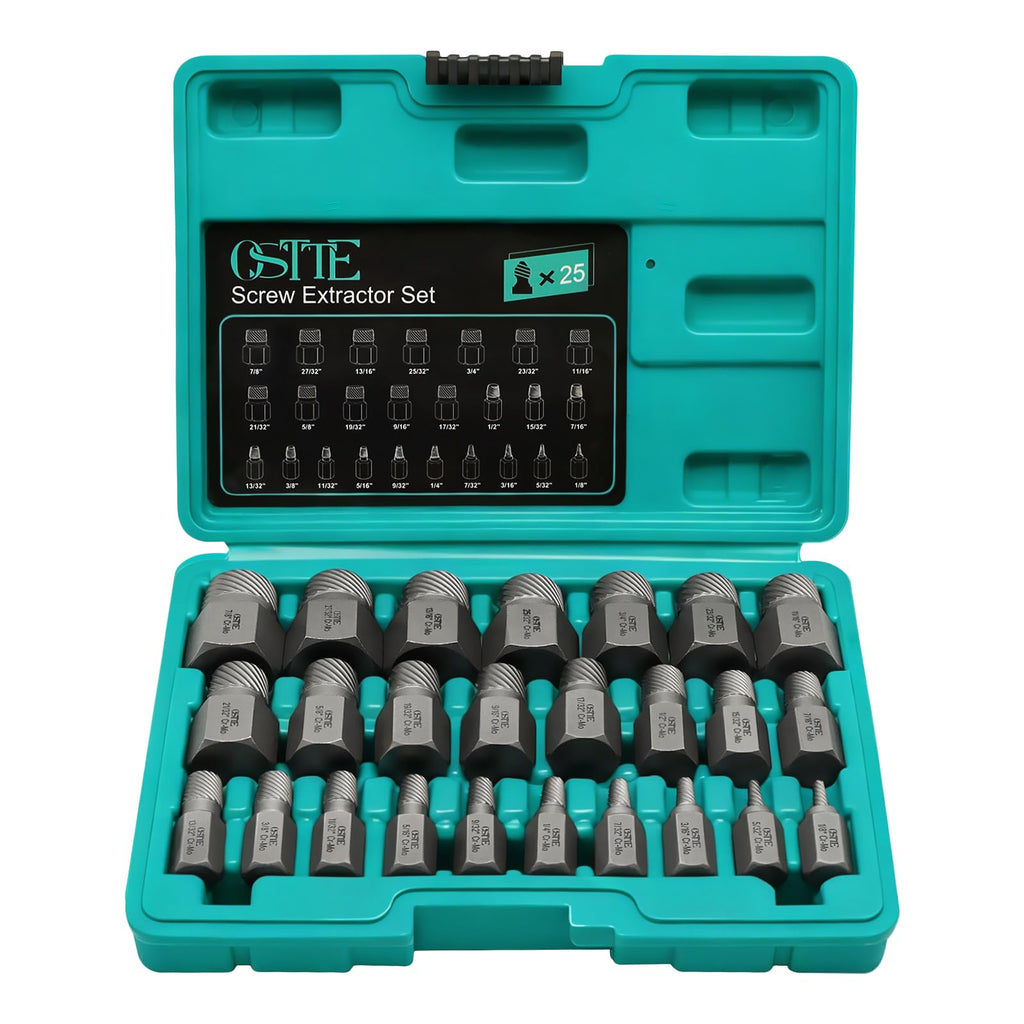 OSTTE 25Pcs Bolt Extractor Kit, Screw Extractor Set Hex Head, Multi-Spline Easy Out Bolt Extractor Tool, Removes Broken Stripped Screws Bolts, Cr-Mo